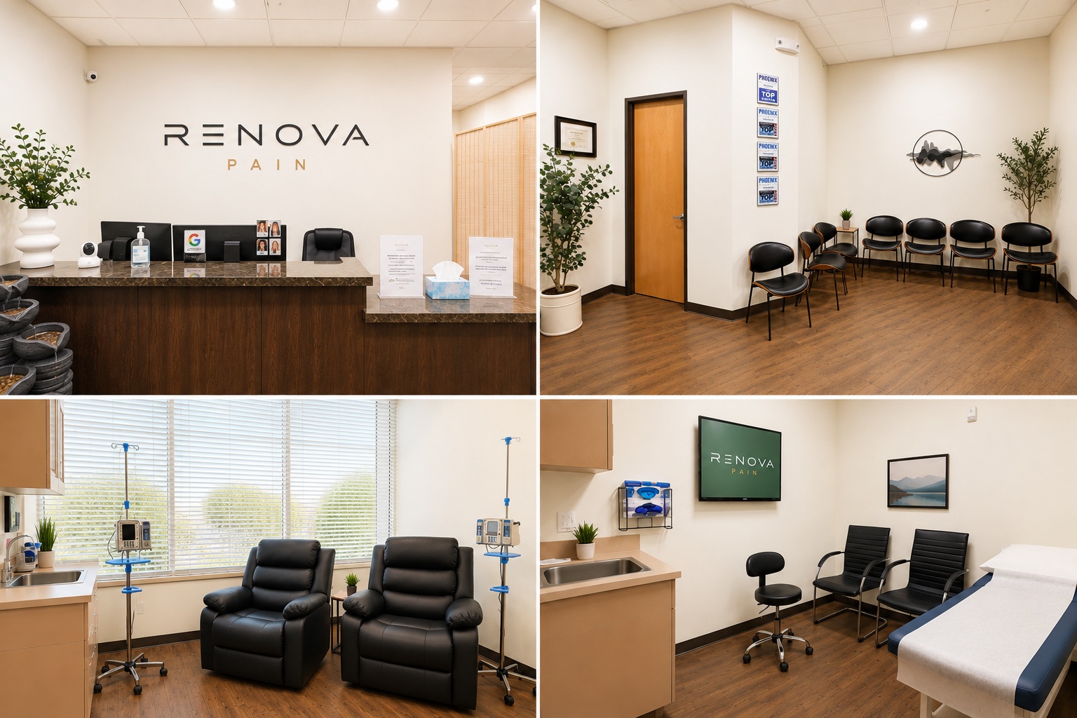 Renova Pain Scottsdale office, reception, waiting area, infusion suite, and exam room